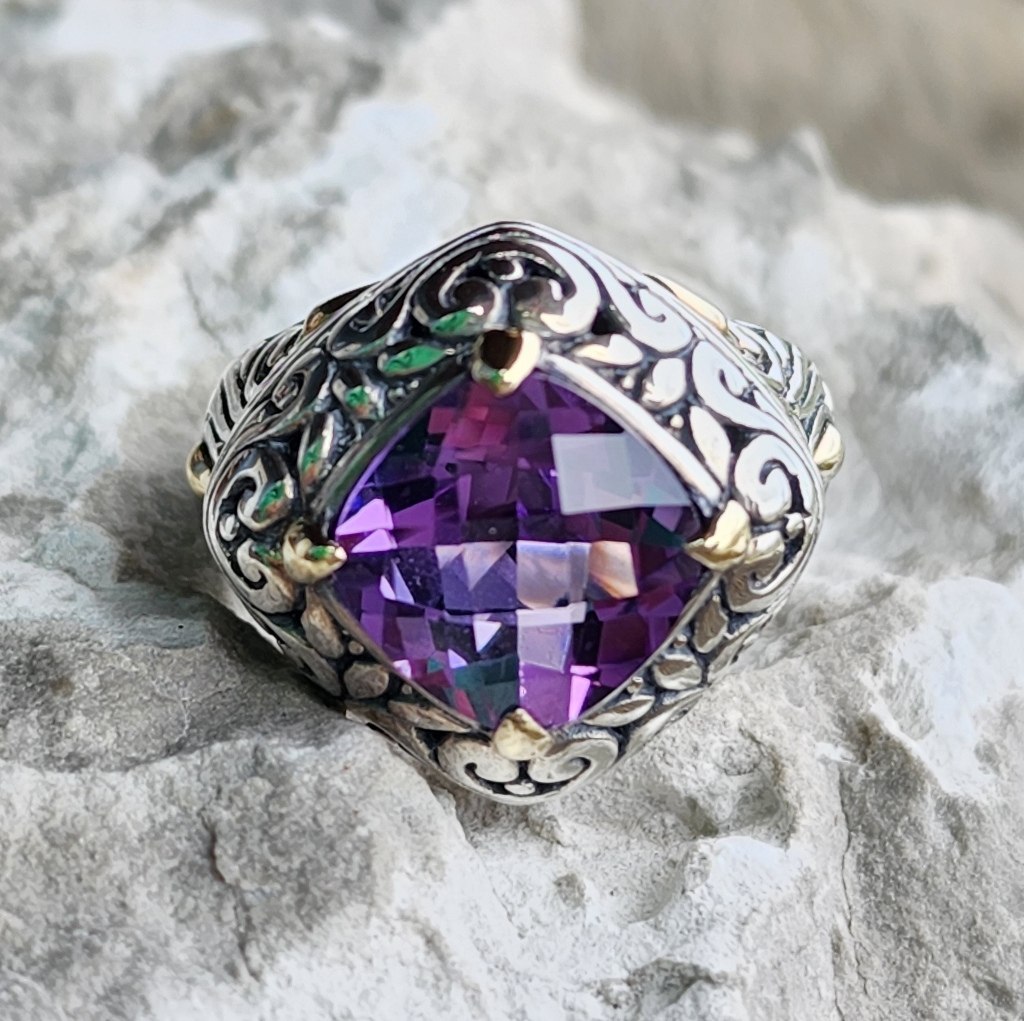 Samuel Benham 925 Sterling Silver 18k Gold Amethyst Designer Size 675 Ring Bjc 169$